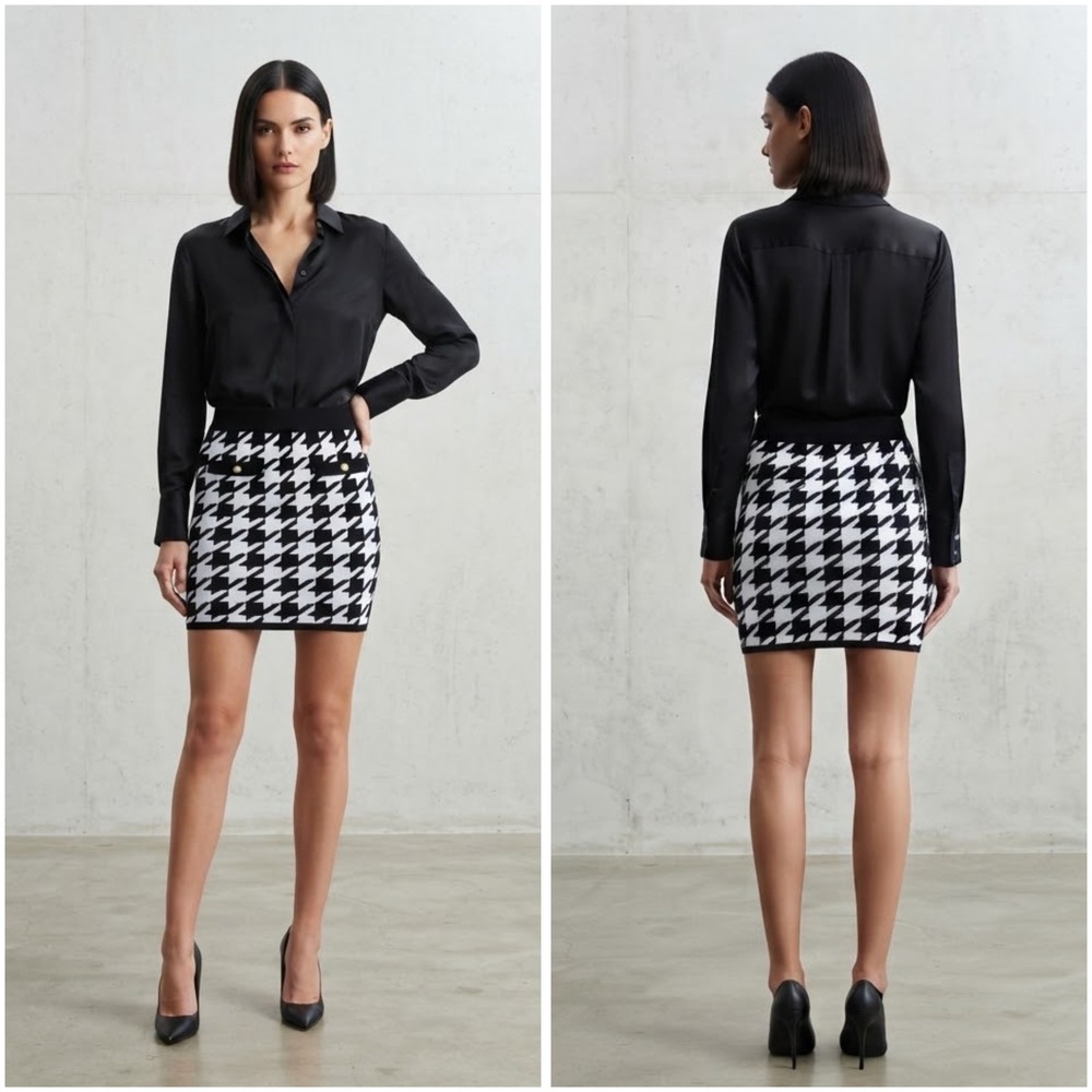 Central Park West Houndstooth Knit Mini Skirt Black White Gold Button Medium